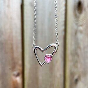 Silver Heart Necklace Pink Crystal Pendant